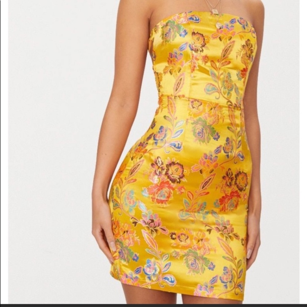 Mustard Oriental Satin Bandeau Lace up Dress